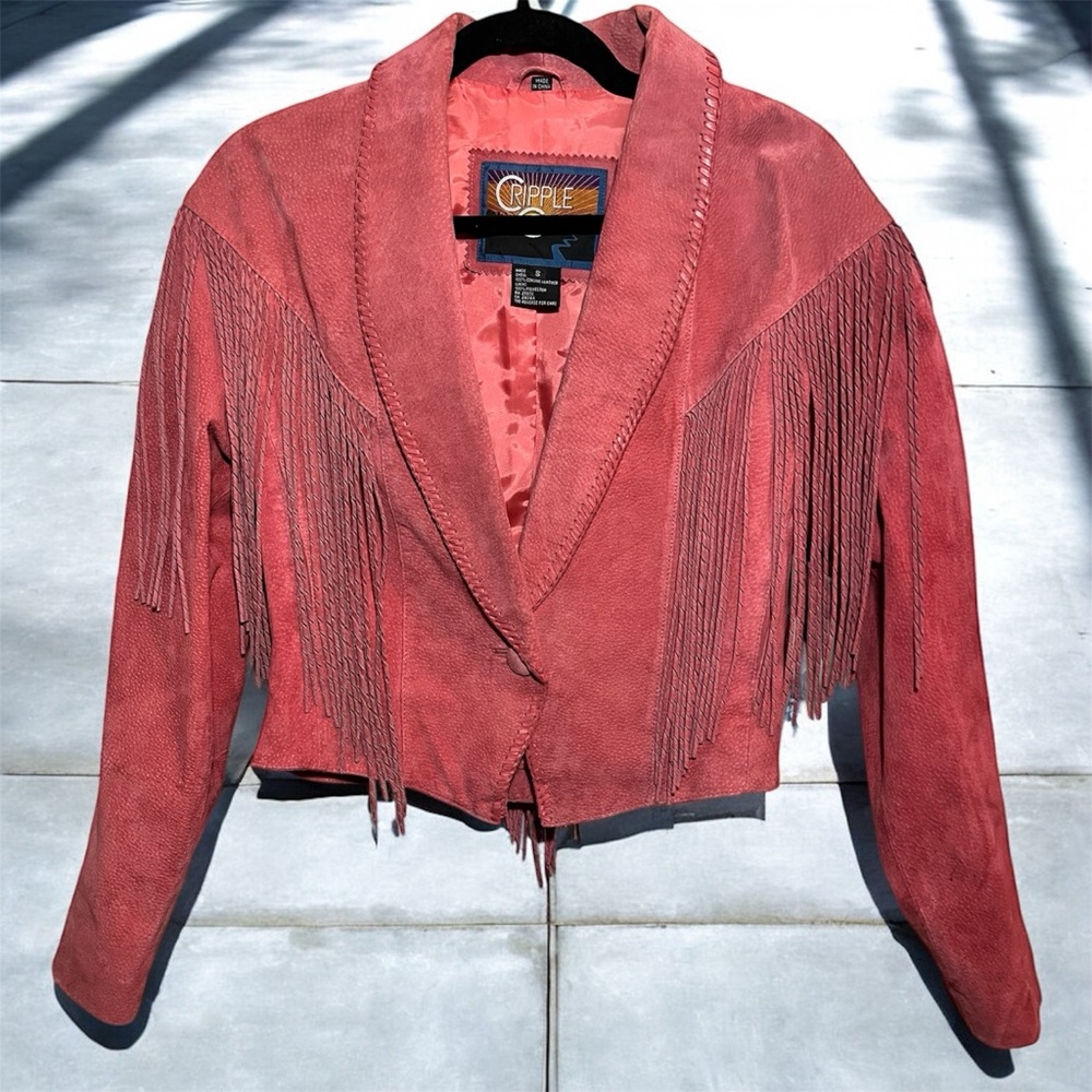 Vintage Cripple Creek Salmon Pink Suede Fringe Western Cowgirl Leather Jacket - Picture 4 of 9